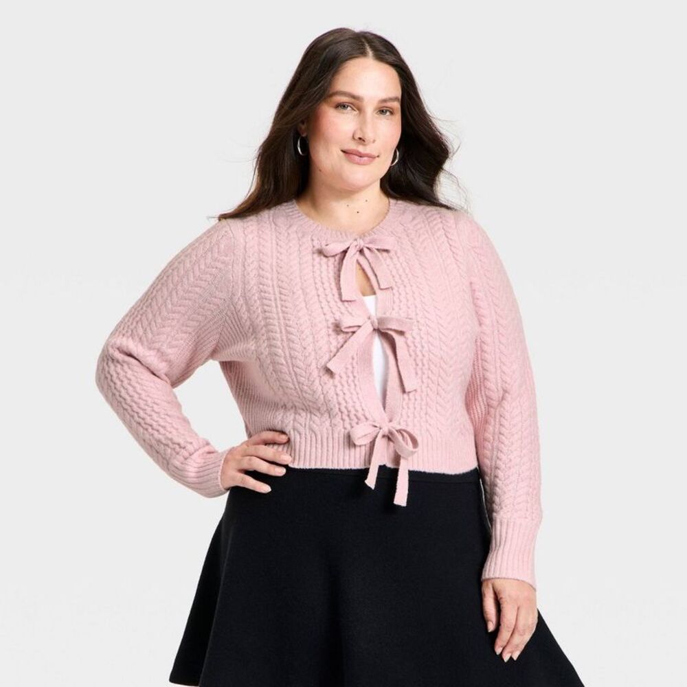 Women's Long Sleeve Bow Cardigan Sweater - A New Day Pink XXL